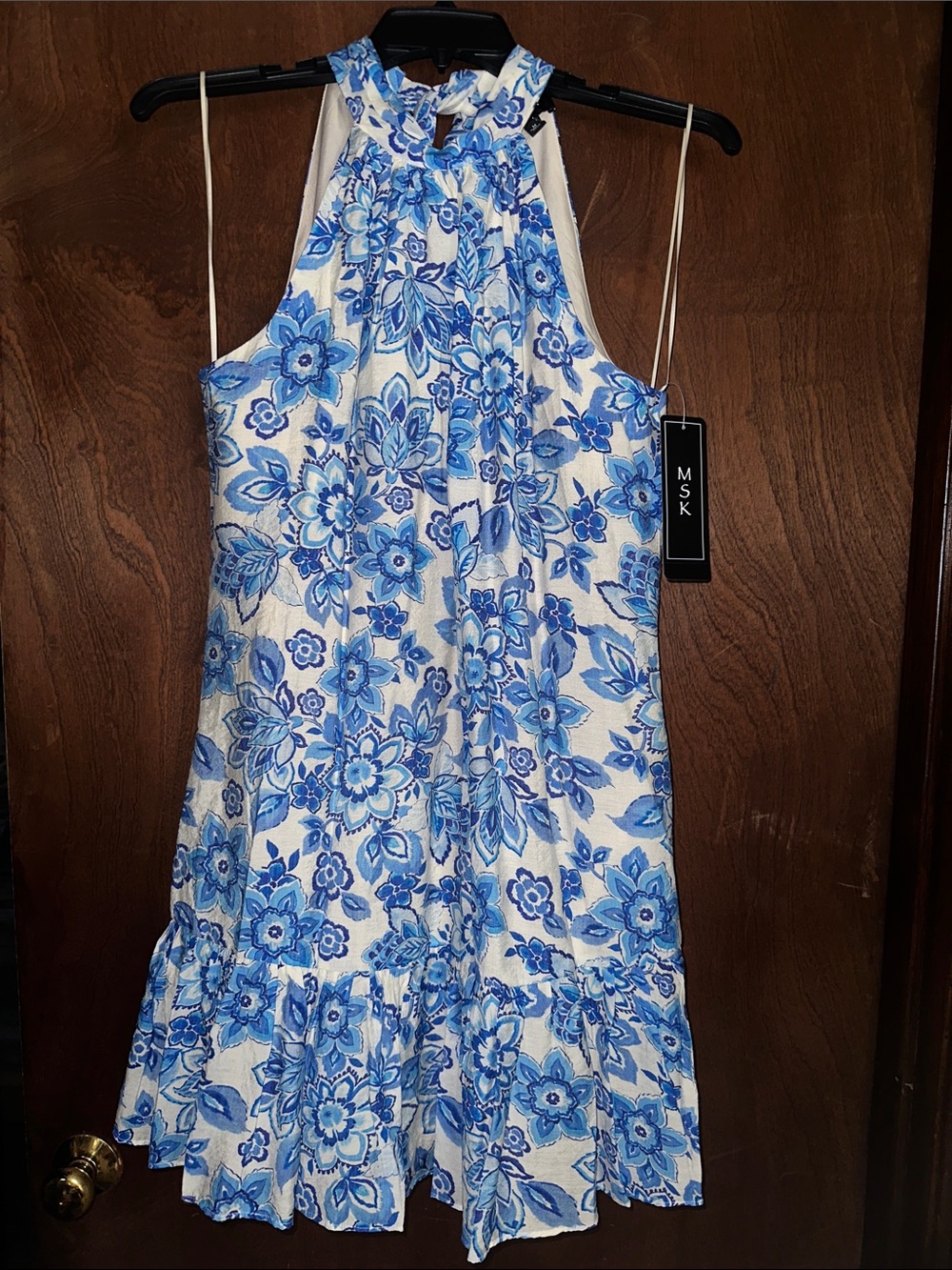 MSK White and Blue Floral Halter Dress M P2P 19,1/2